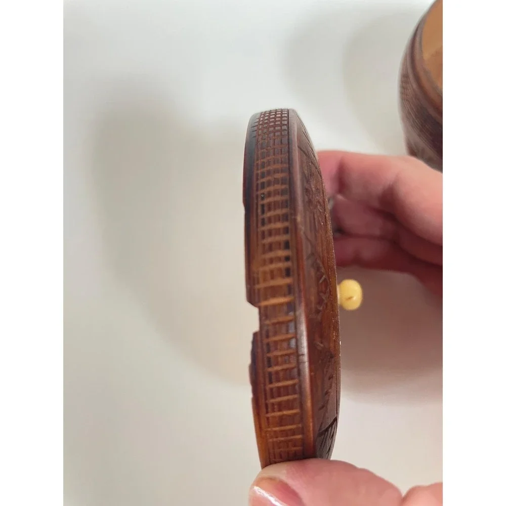 Vintage Hand Carved Wooden Trinket Box Round Decorative Keepsake Lidded Box